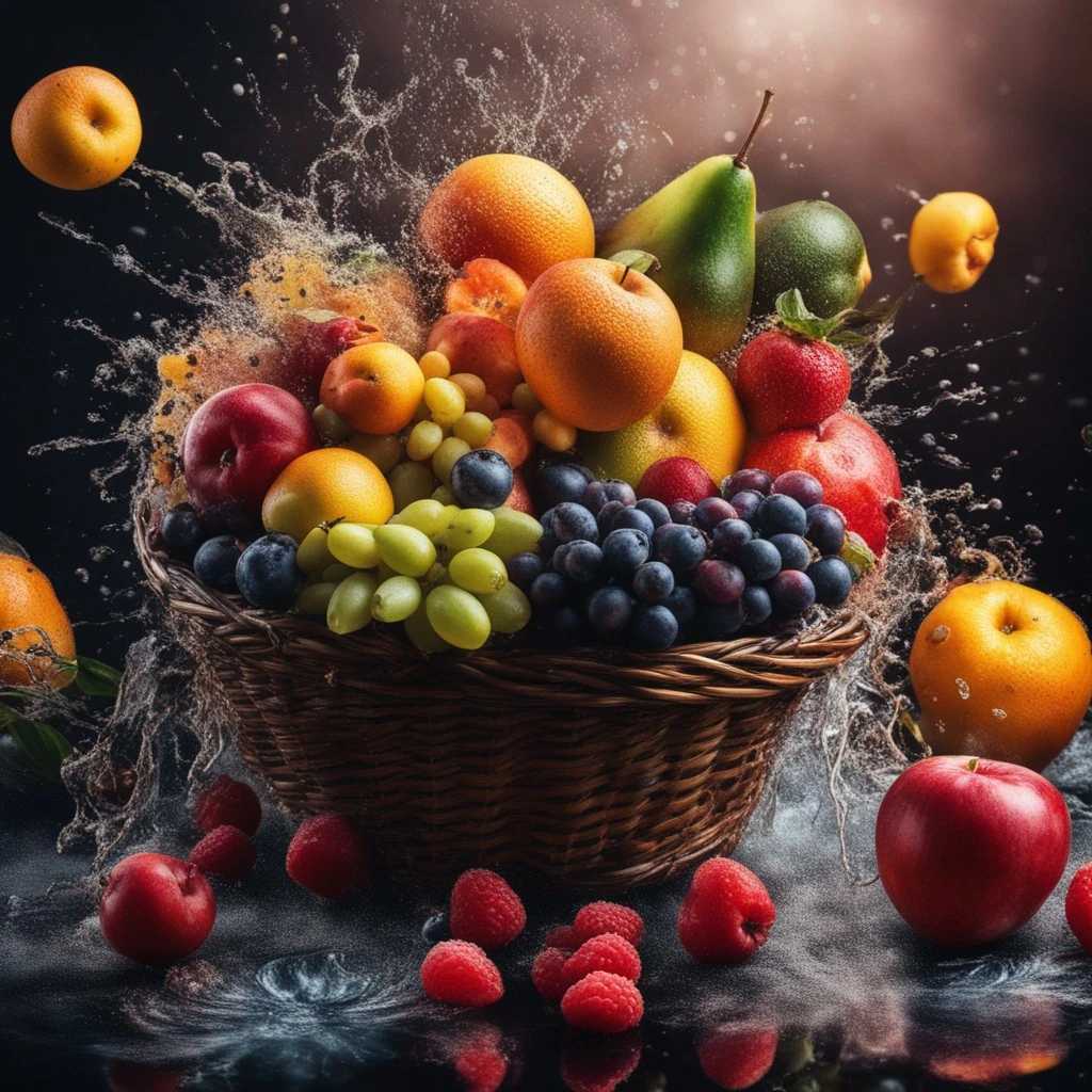 Basket Colorful Fruits Exploding Particles