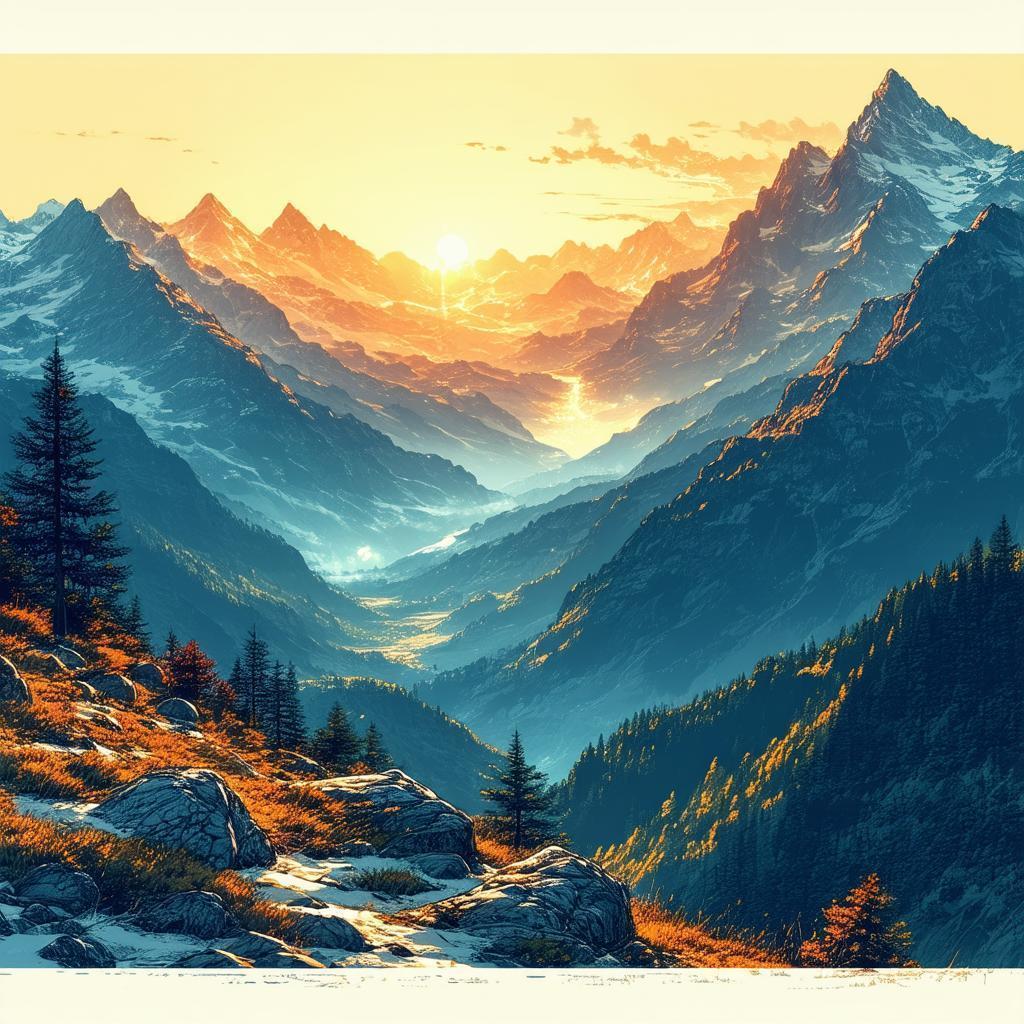 Mountain Sunset Drawn in Precise Technical Lines