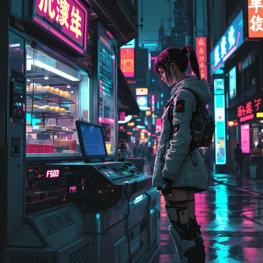 Cyberpunk Girl Food Vendor Futurism