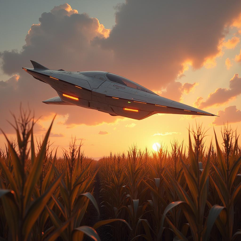 Glowing Spaceship Hovering Over Twilight Cornfields