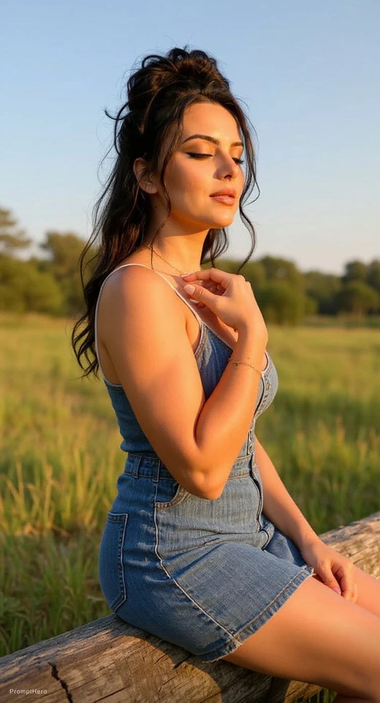 Woman Denim Dress Field Sunset