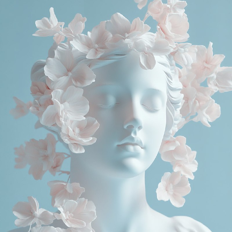 Serene Woman’s Head with Floating Flowers