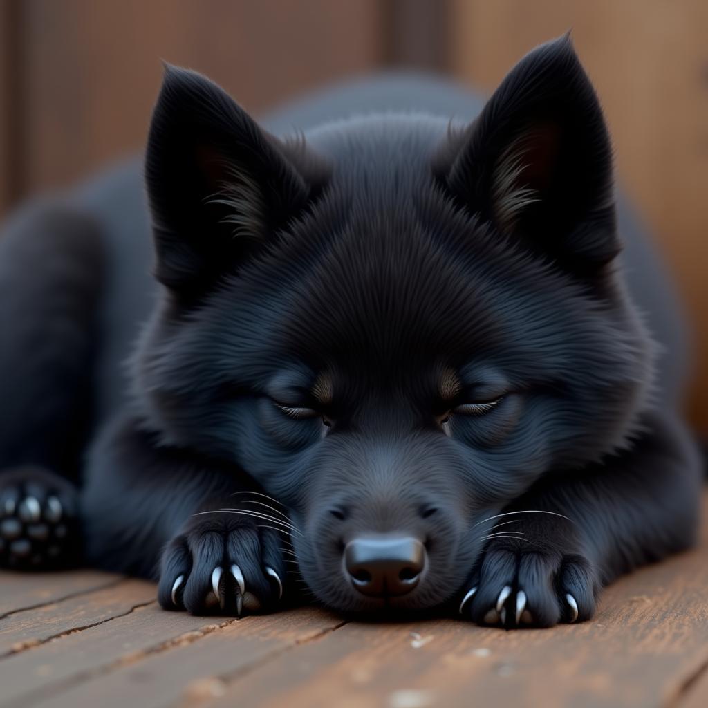 Black Wolf Puppy Sleeping in Soft Shadow