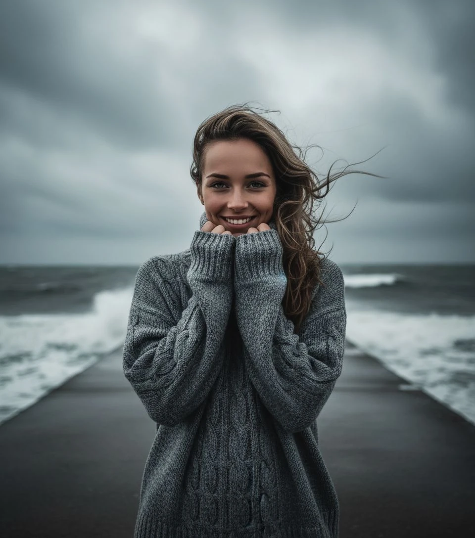 Woman Stormy Pier Ocean Gray Sweater