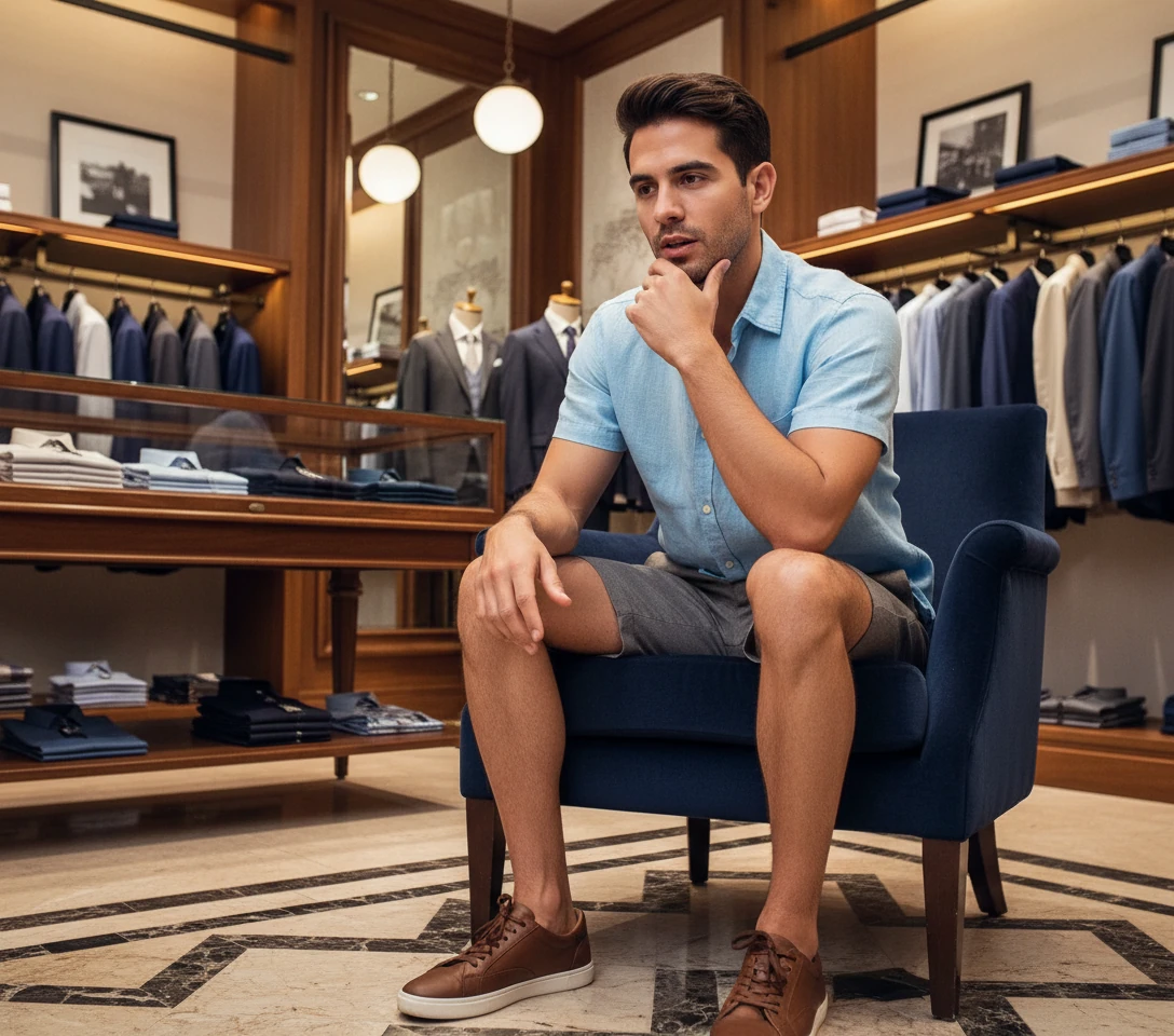 Hispanic Male Clothing Store Seated