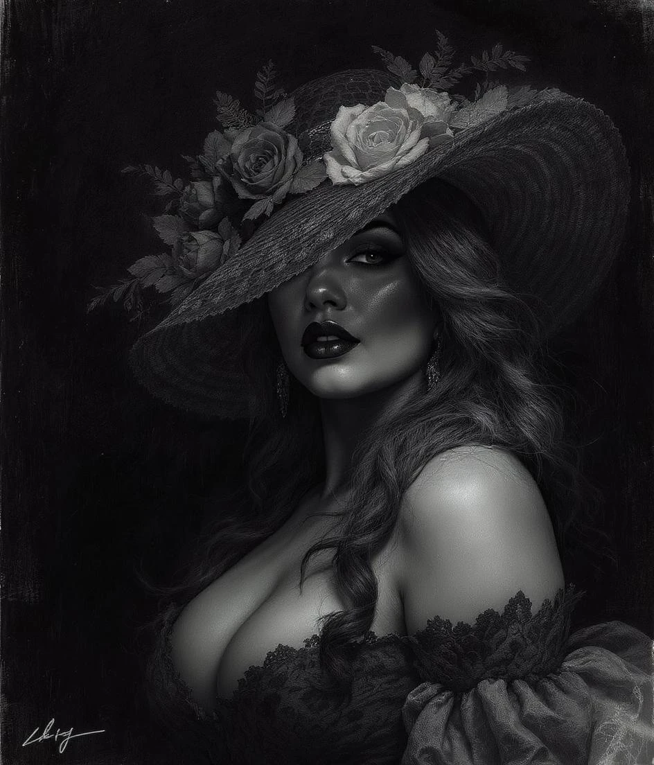 Person Wide Hat Charcoal Drawing