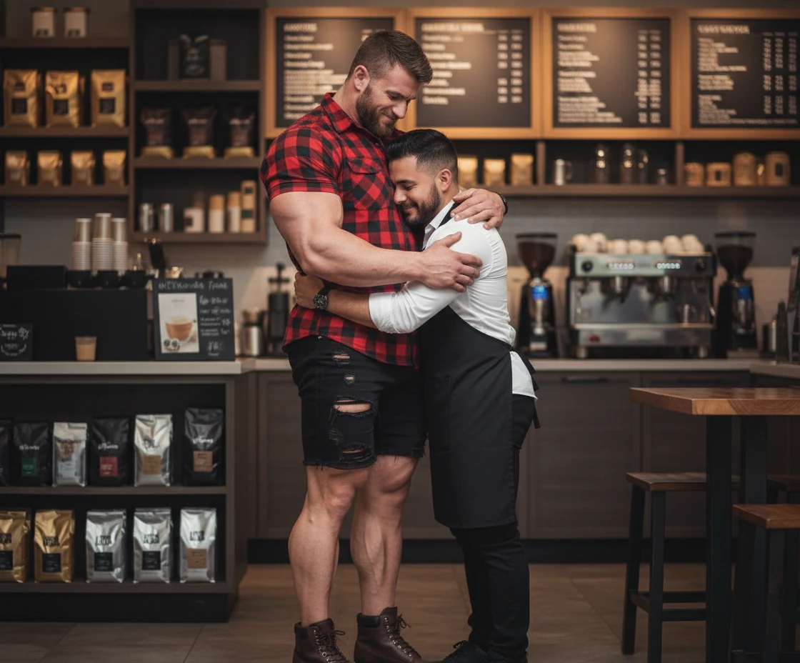 Bodybuilder Barista Coffee Shop Hug