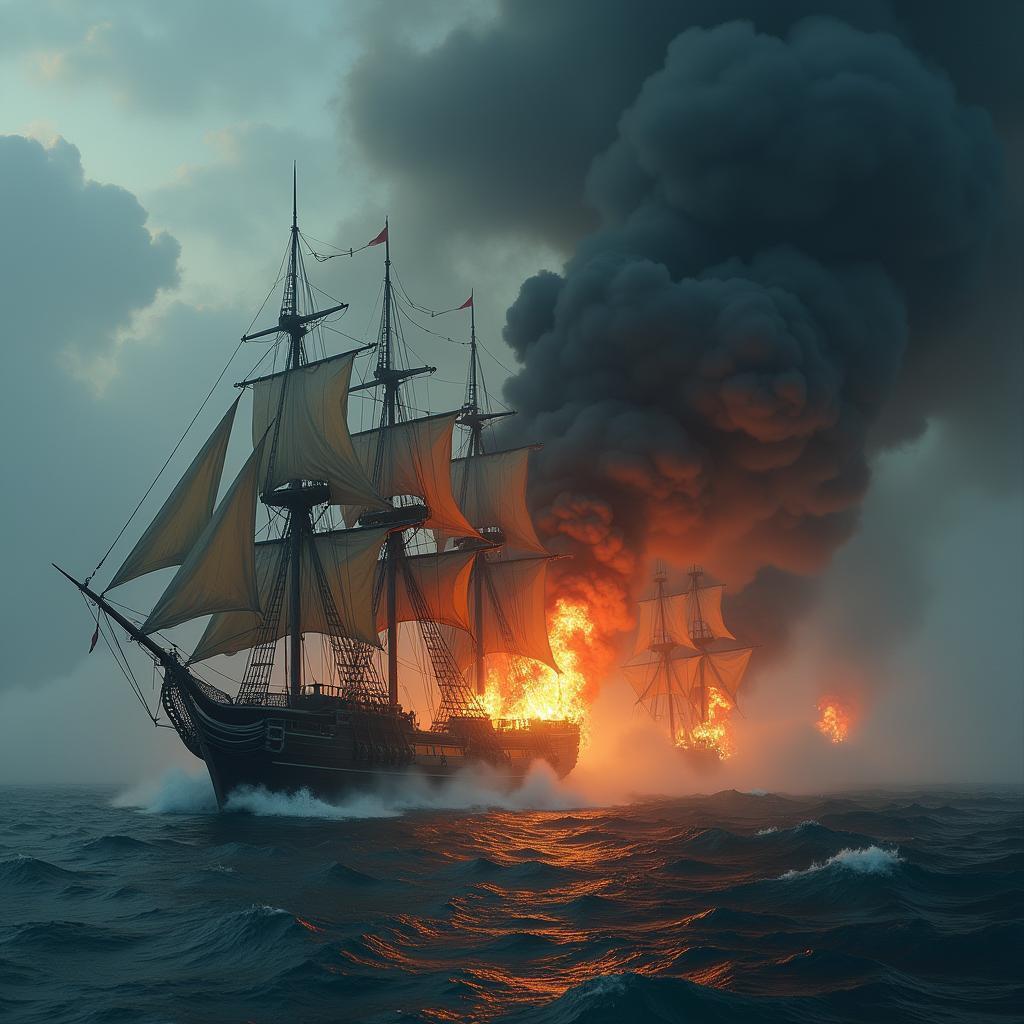 Medieval Ships Ablaze Under Storm Clouds