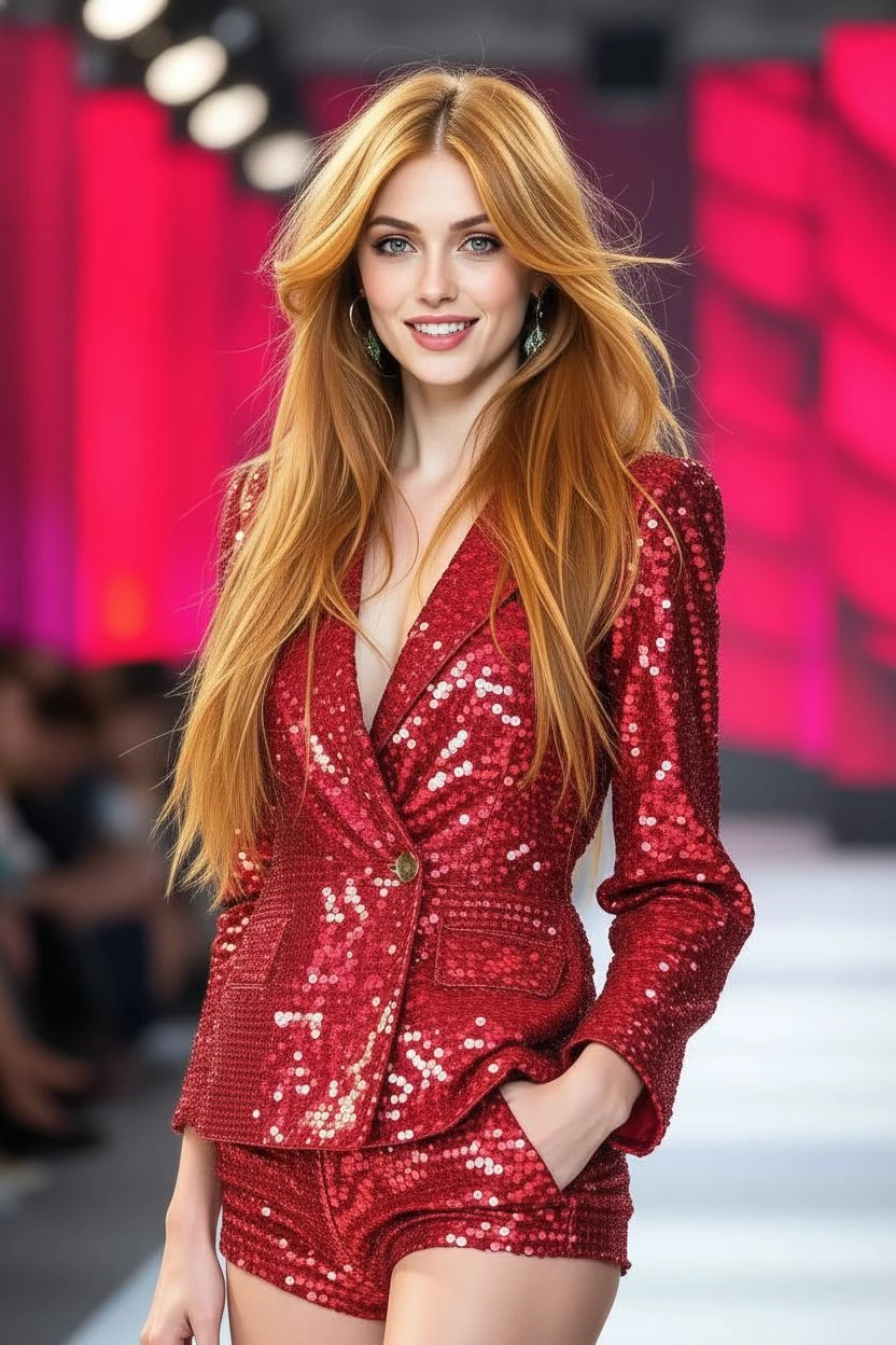 Redhead Woman Sequinned Runway Fashion