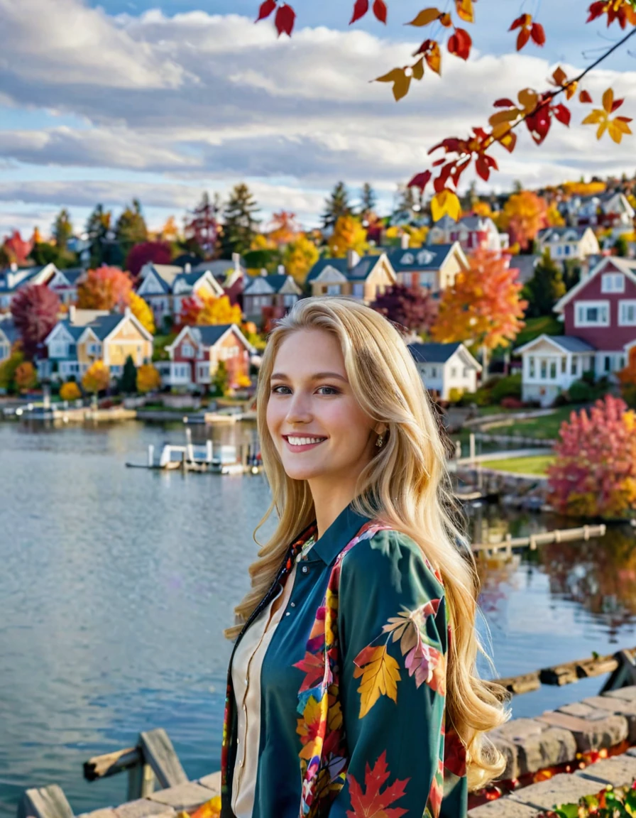 Woman Blonde Lake House Autumn