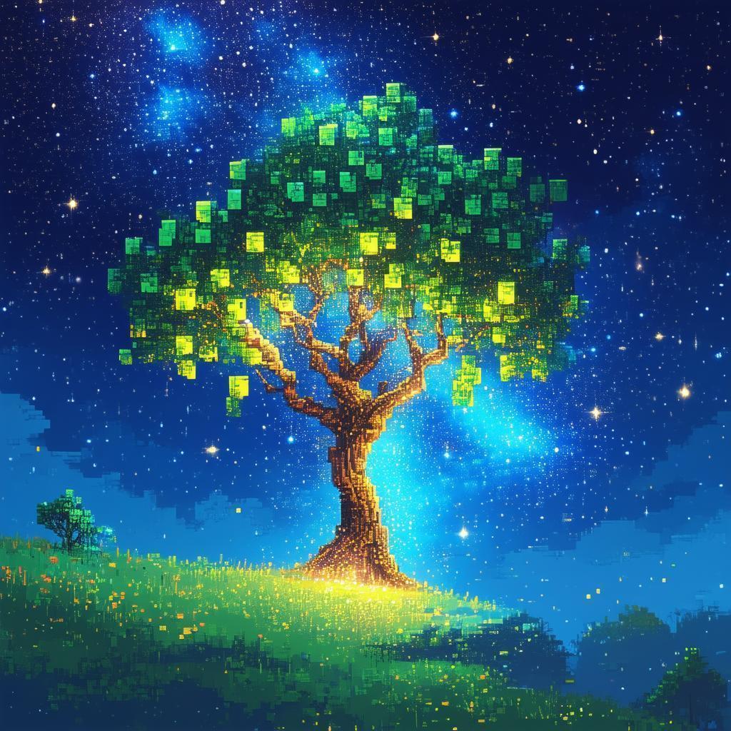 Surreal Pixel Tree Ascending Into Starlight