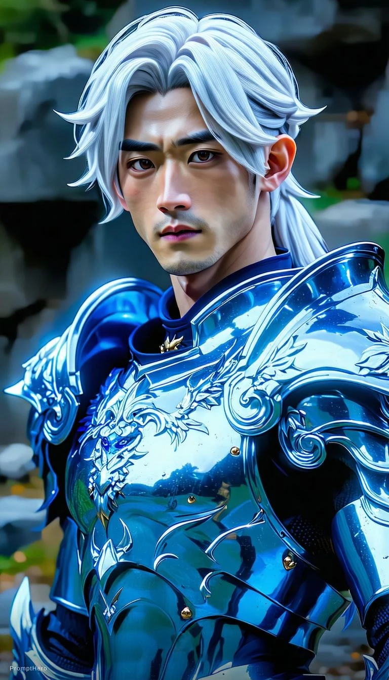 Boy White Hair Intricate Azure Armor Detailed