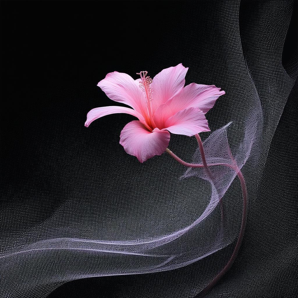 Pink Petaled Flower Floating in Surreal Black