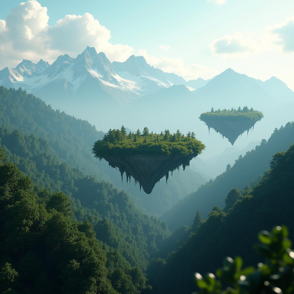 Floating Islands Above a Lush Forest