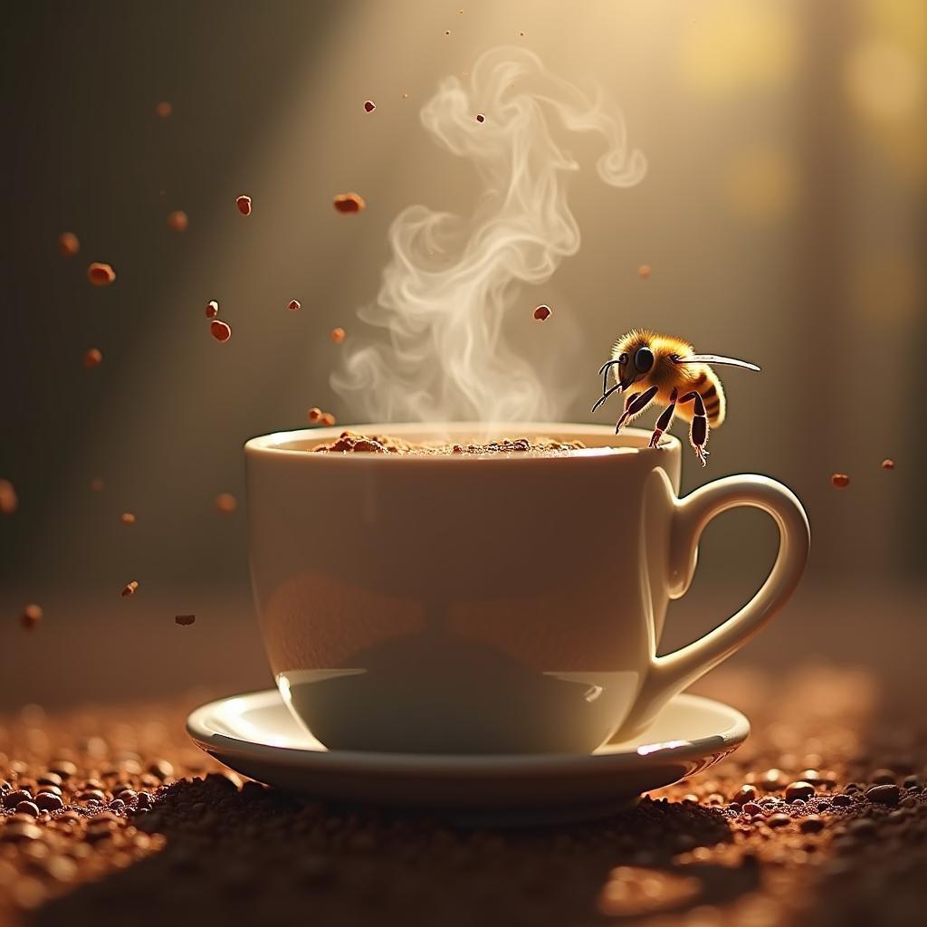 Bee Hovering Beside Steaming Cocoa