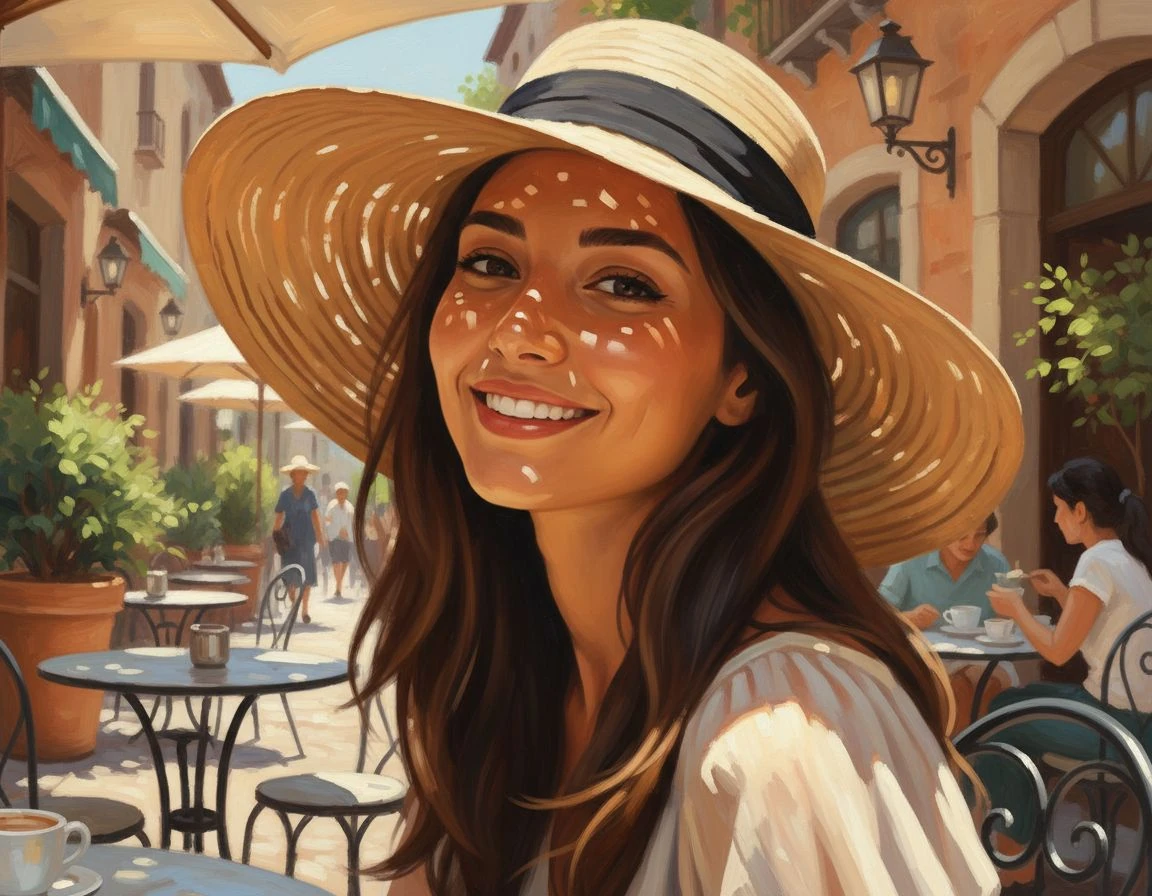 Hat Cafe Painting Canvas Portrait Pretty Brunette