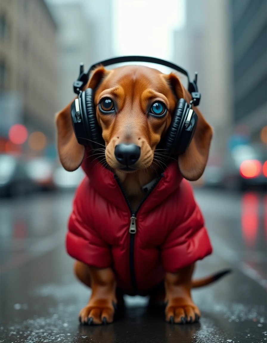 Dog Red Jacket City Futuristic Dachshund Blue