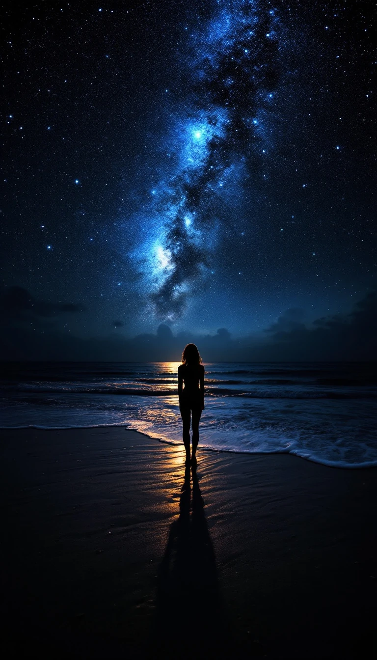 Woman Gray Sky Dark Starry Shines Beach