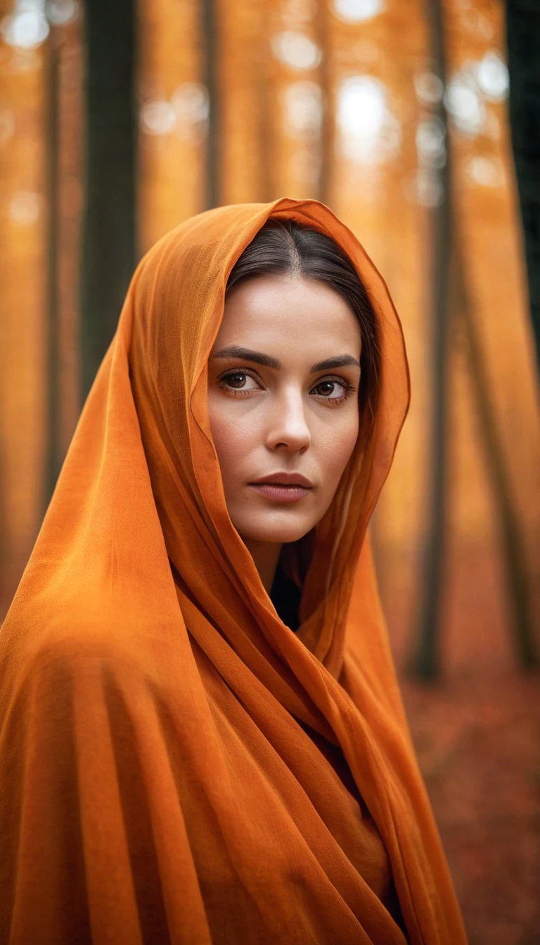 Woman Orange Forest Mysterious Close Veil Cloak