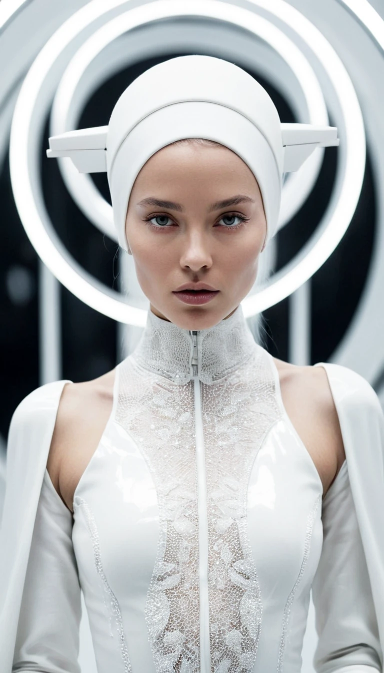 Woman White Lace Futuristic Setting