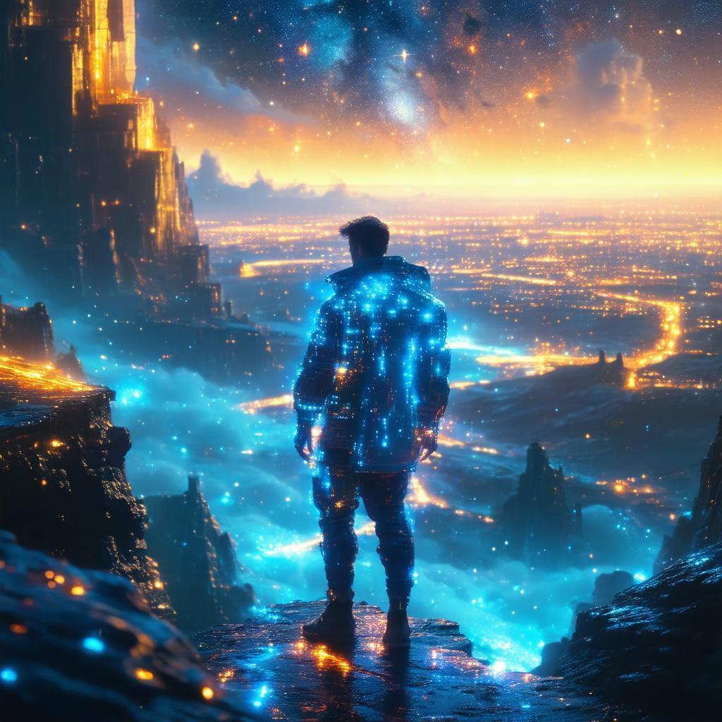 Neon Man Standing at the Galaxy's Edge
