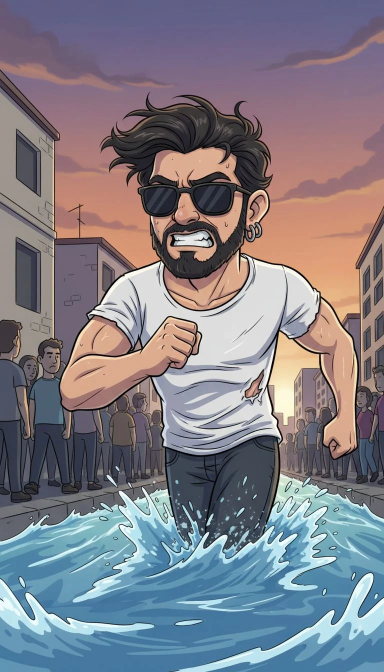 Man Running Opposite Crowd River