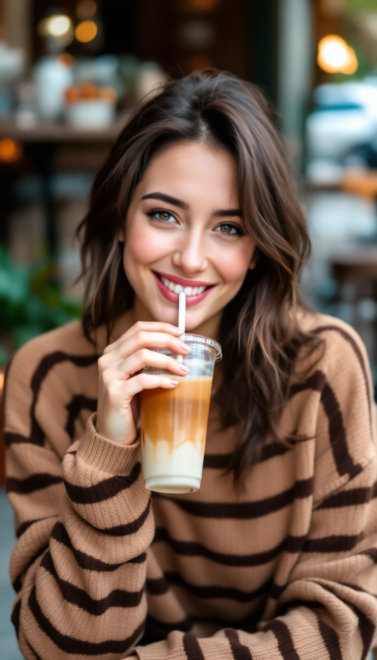 Woman Cafe Drink Playful Smile
