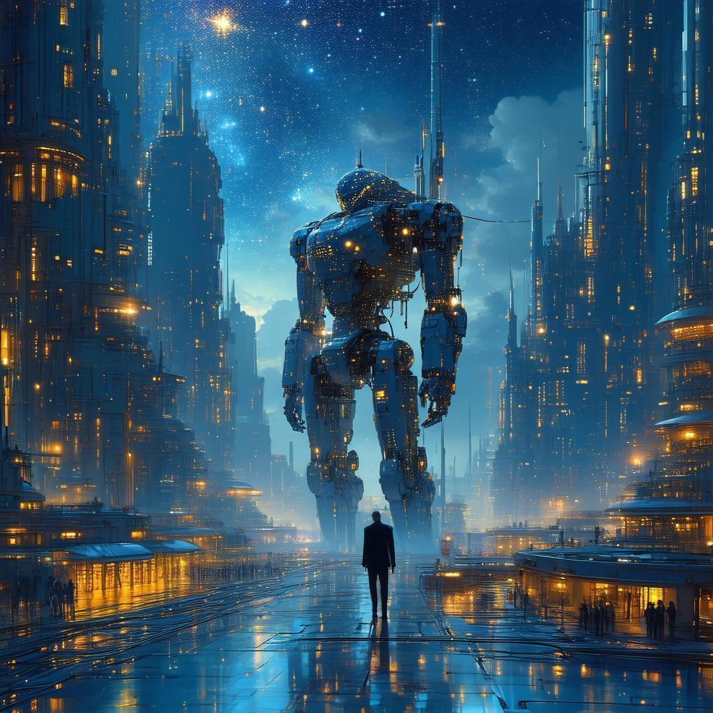 Towering Robot Watching a Futuristic Starlit City