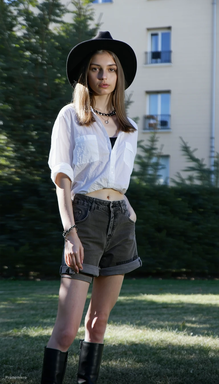 Woman White Shirt Black Hat Park