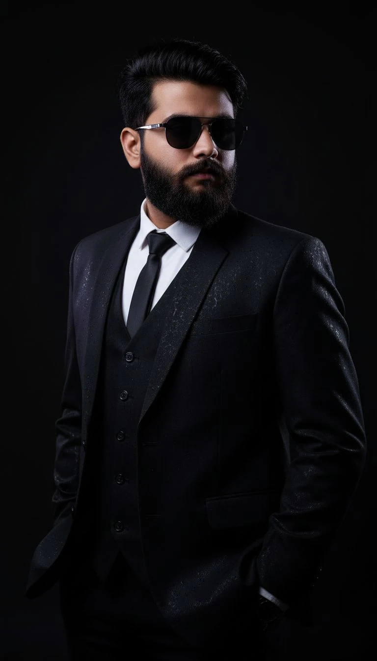 Man Black Suit Sunglasses Studio