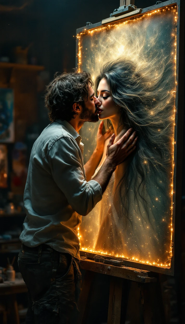 Painter Canvas Kiss Woman Embrace