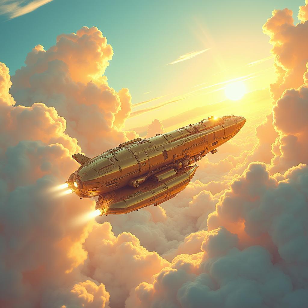 Golden Alien Spaceship Soaring Through Puffy Clouds
