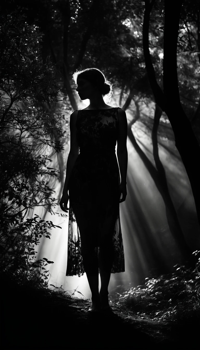 Woman Dark Lace Dress Sunlit Forest