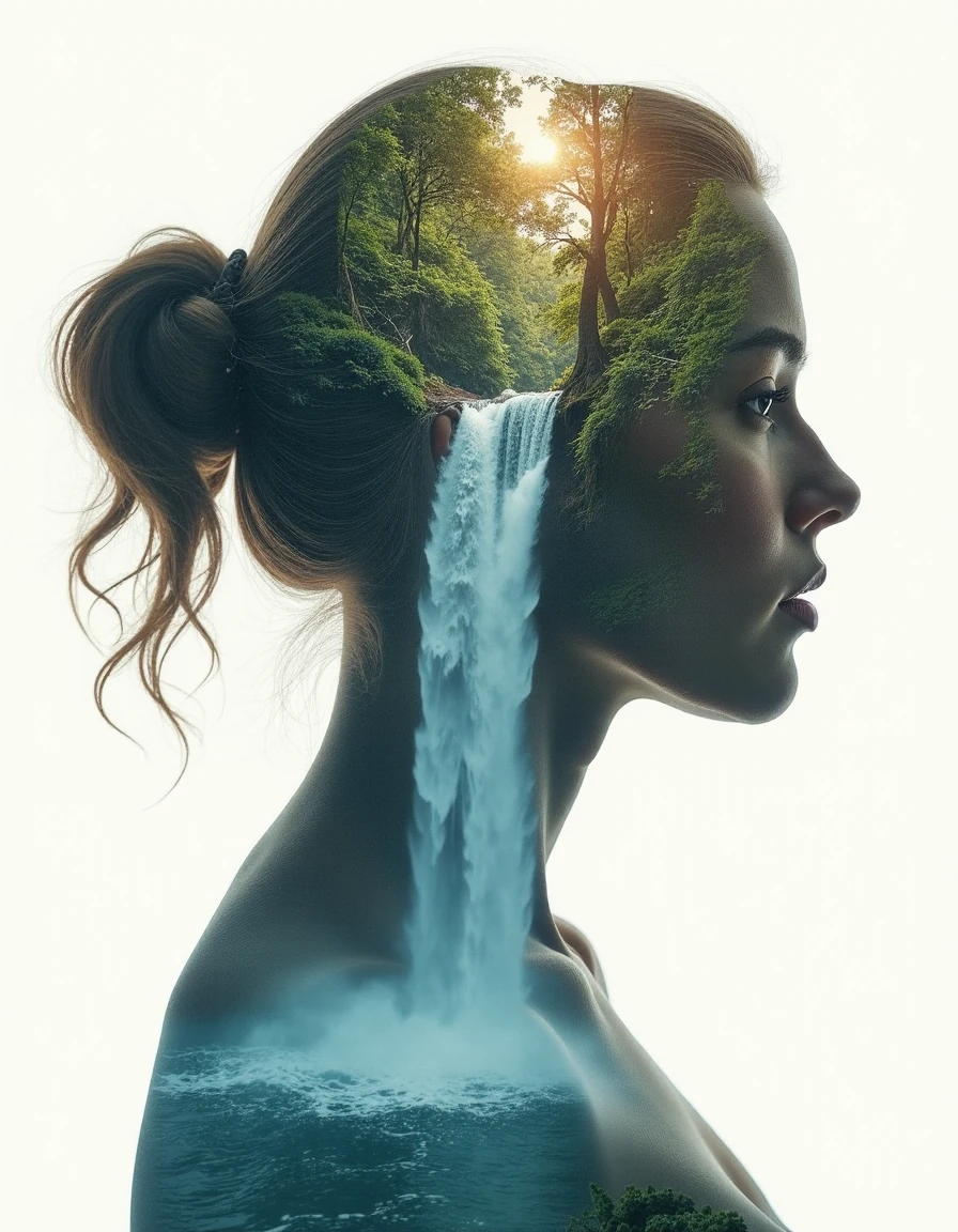 Woman Silhouette Waterfall Double Exposure