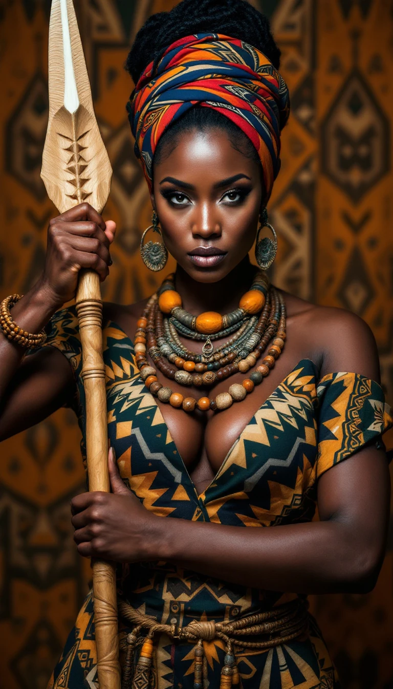 Woman African Outfit Tribal Patterns Spear
