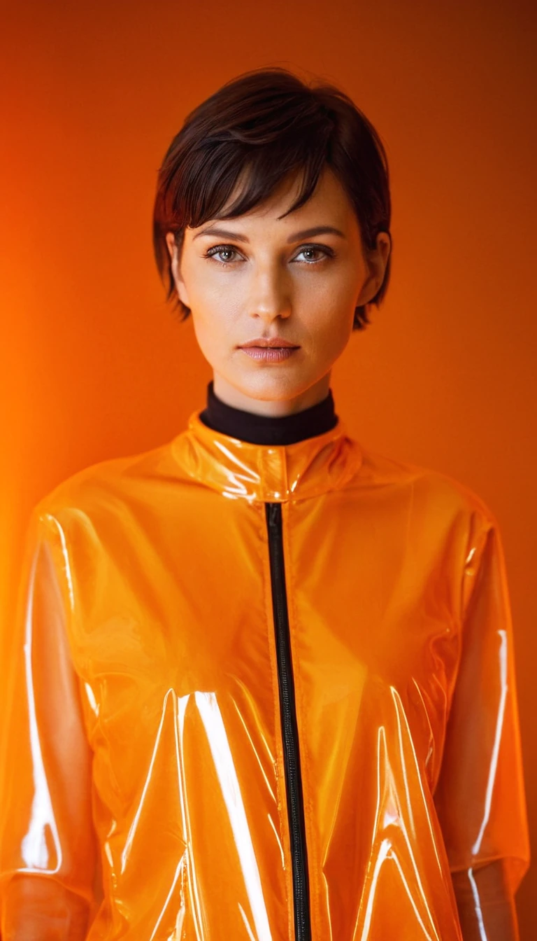 Woman Orange Light Plastic Raincoat Neon