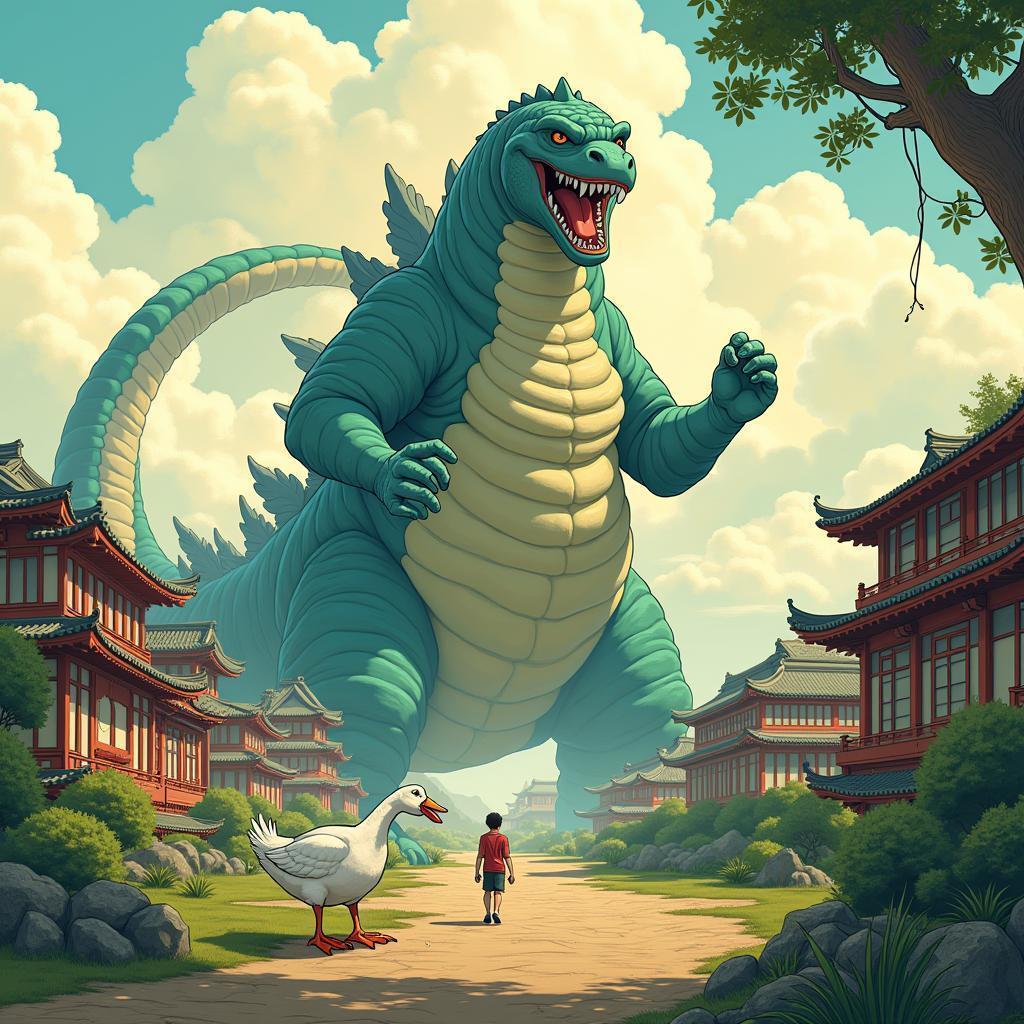 Giant Goose Godzilla Looming Over a Village