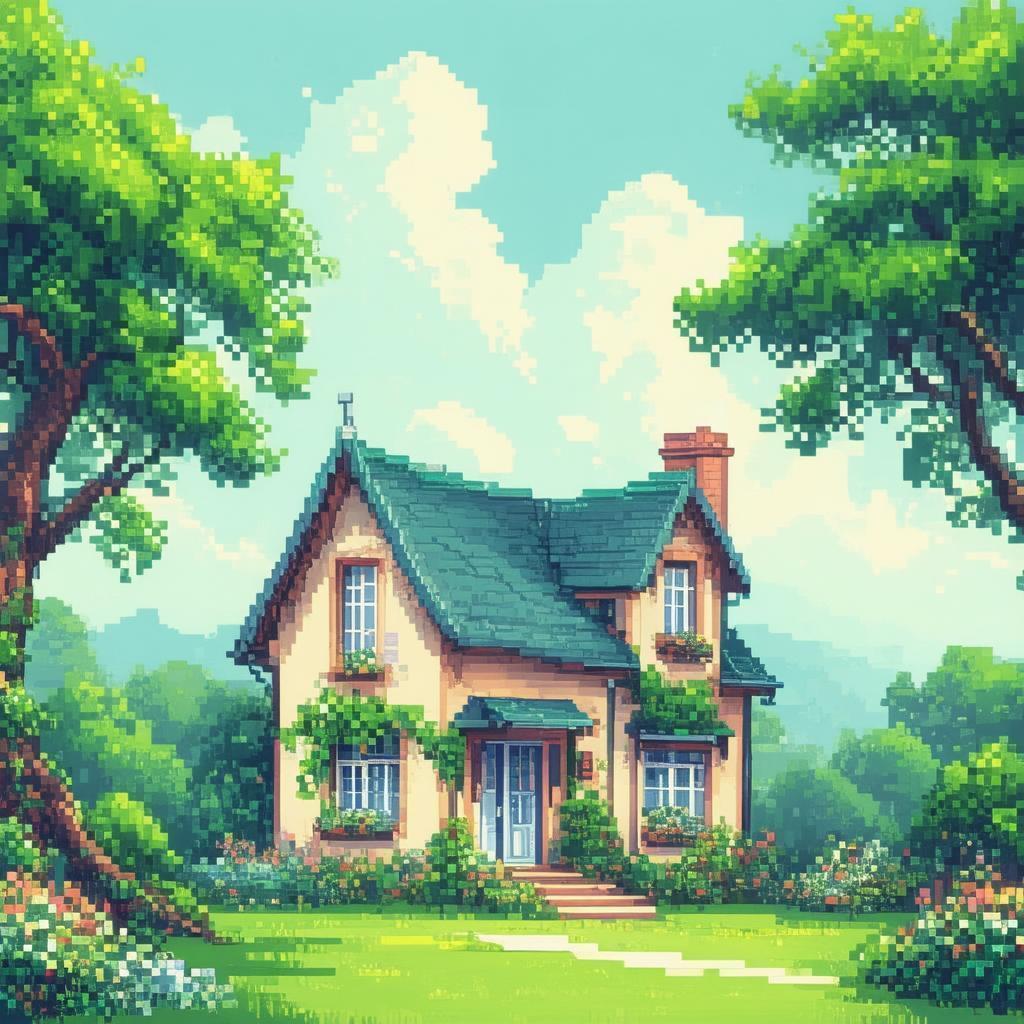 Tranquil Pixel House in a Verdant Garden
