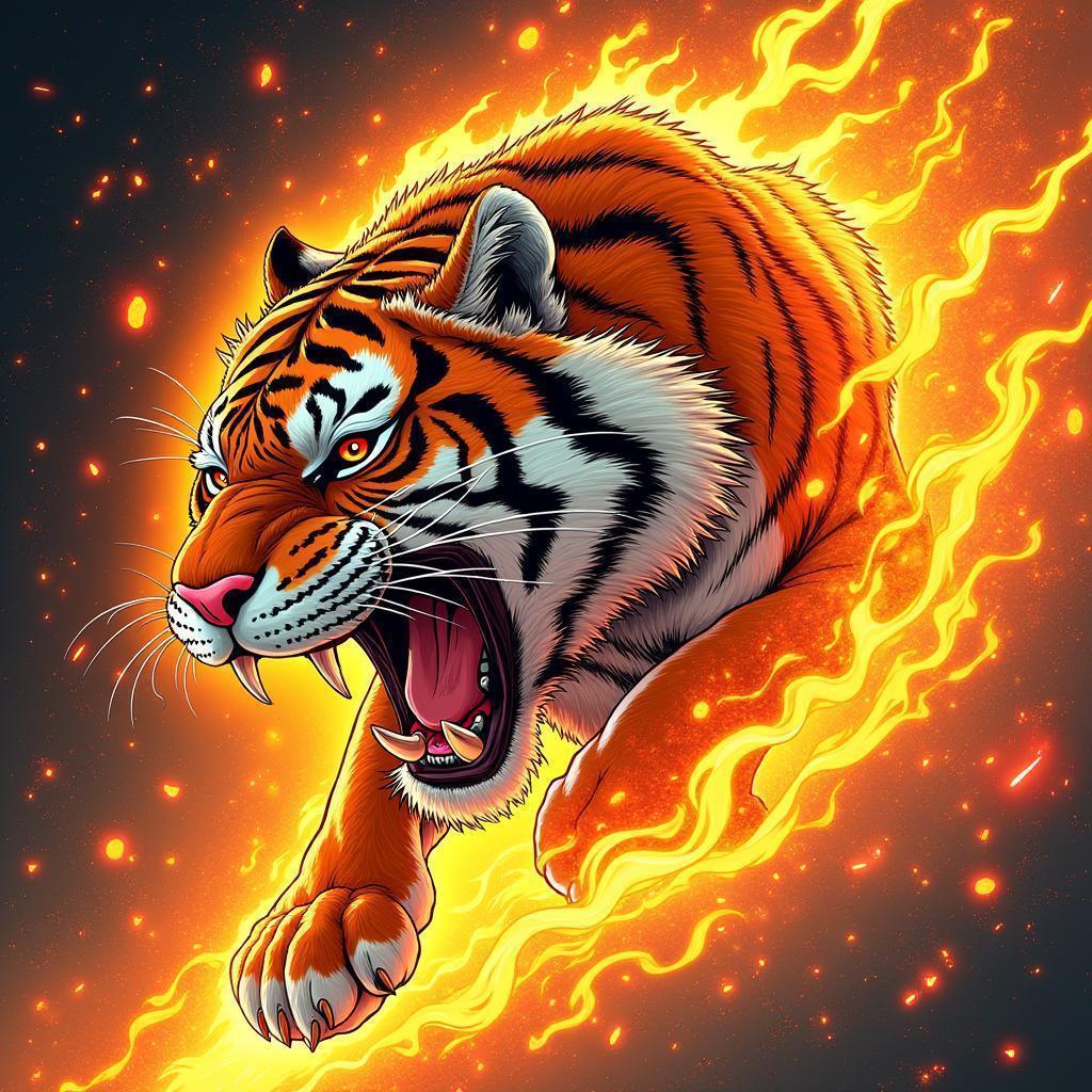 Celestial Tiger Blazing in Fiery Manga Energy