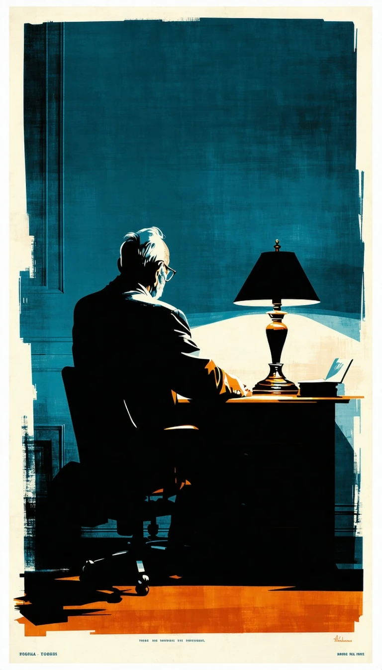 Elderly Man Reading Under Lamplight