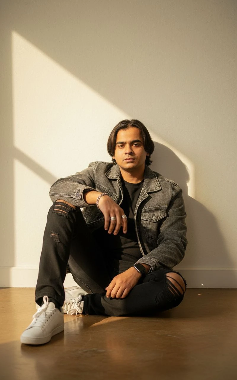 Young Man Sunlit Wall Fashion Portrait