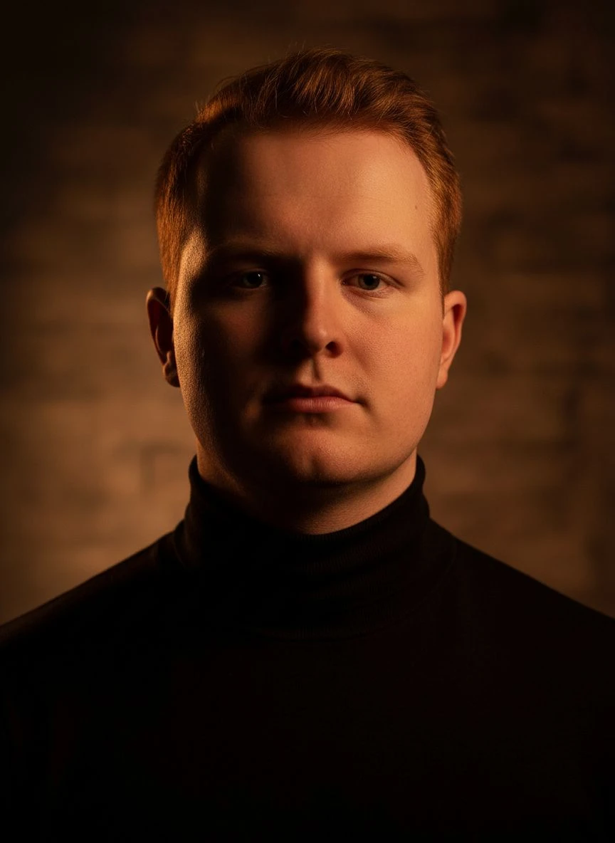 Young Man Black Turtleneck Close-Up