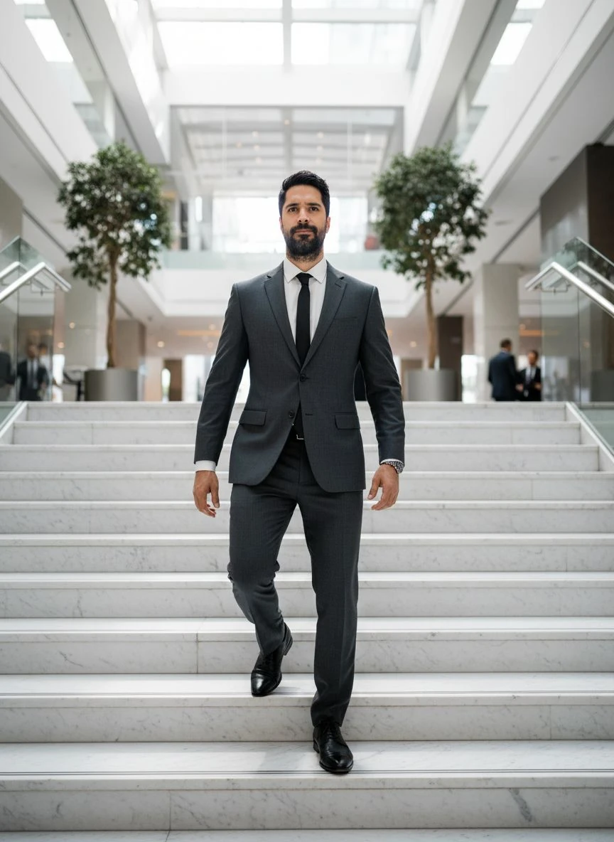 Man Gray Suit Marble Stairs