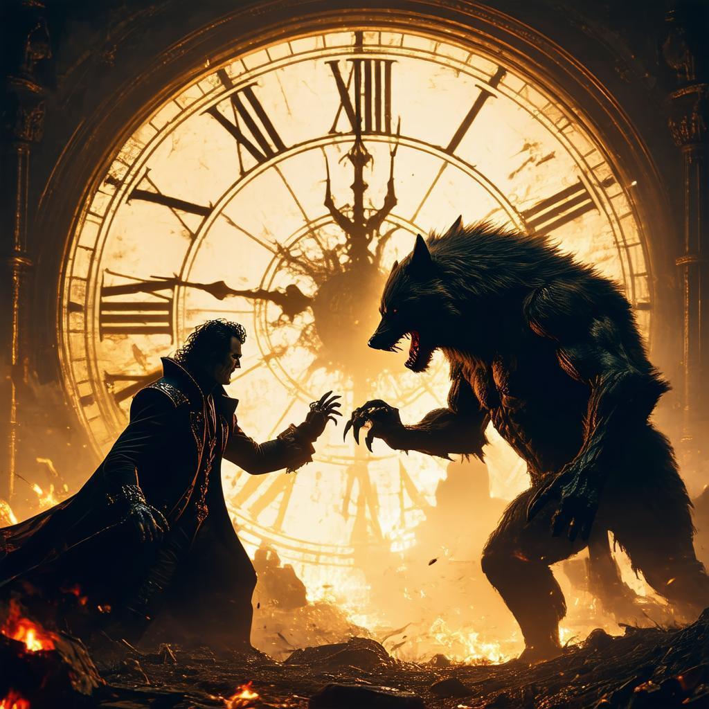 Vampire Fights Werewolf Before a Colossal Clock