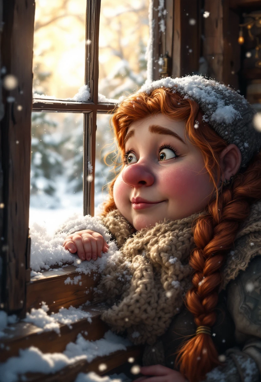 Dwarf Woman Window Snow Day