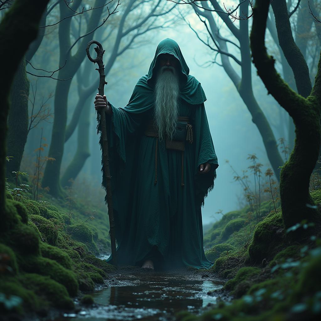 Mystical Wizard Wandering a Haunted Swamp