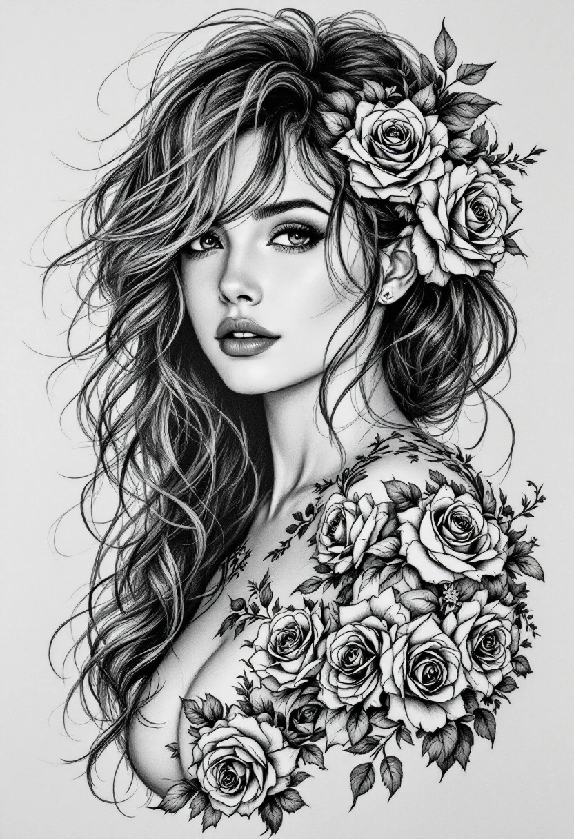 Woman Pencil Drawing Roses Tattoos