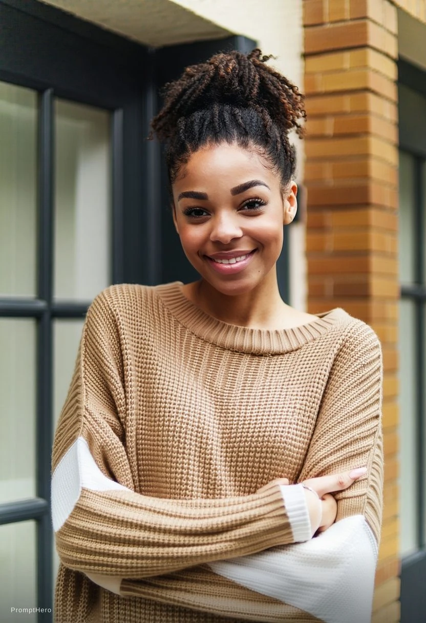 Woman Tan Sweater Building Smile