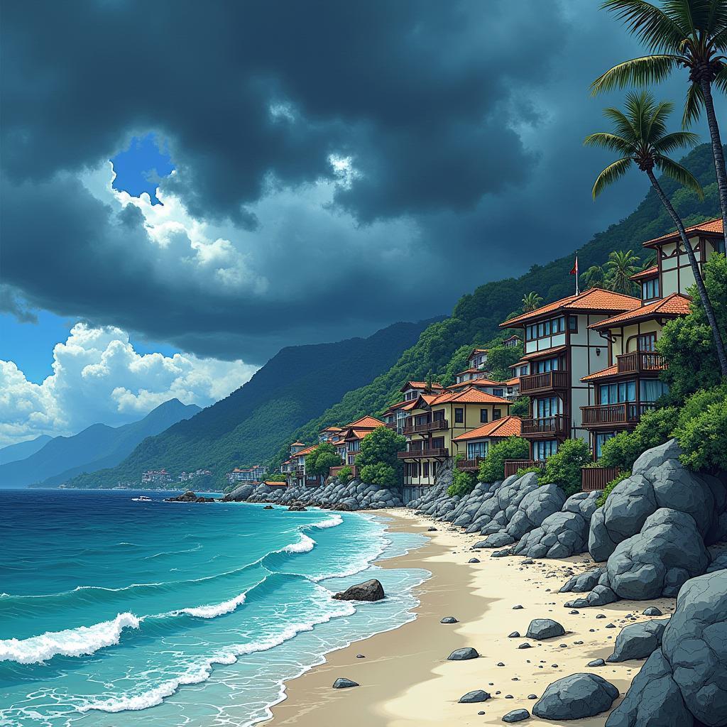 Stormy Seaside Village in Vibrant Manga Style
