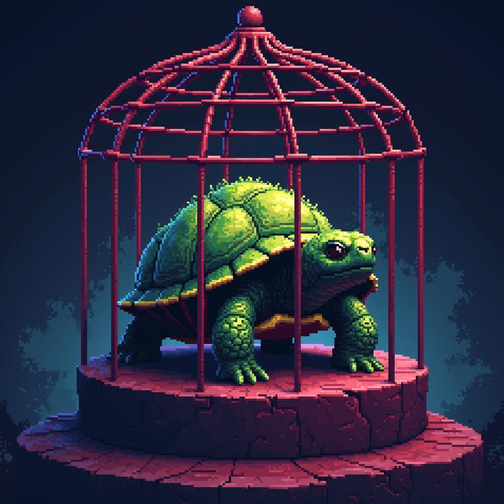 Pixel Moss Tortoise Caged on a Pedestal